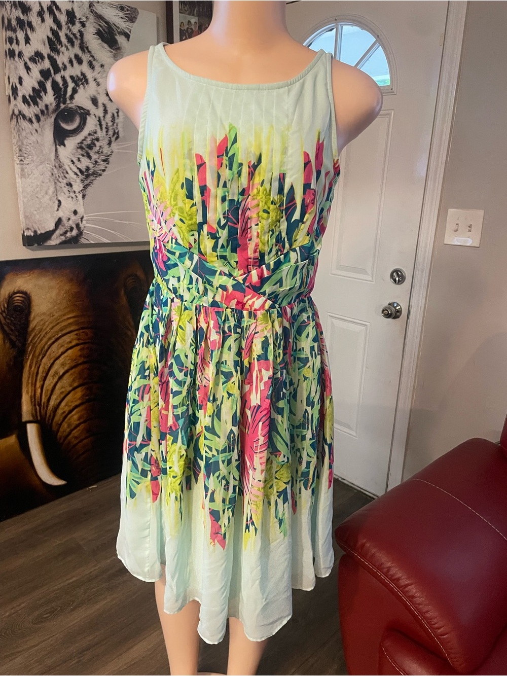 Sleeveless Floral Print Sundress in Mint with Multicolor Leaves summer spring 4